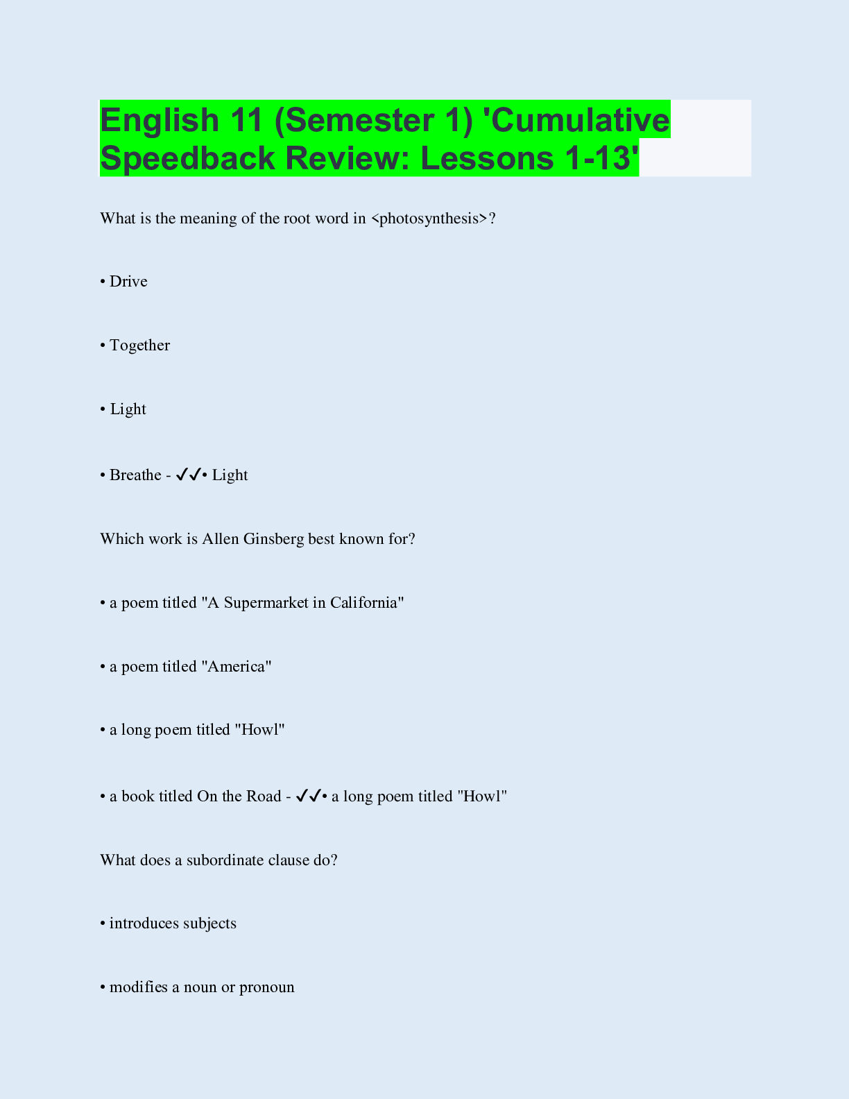 Preview image for English 11 (Semester 1) 'Cumulative Speedback Review: Lessons 1-13' | 75 Questions with 100% Correct Answers | Updated & Verified | 29 Pages